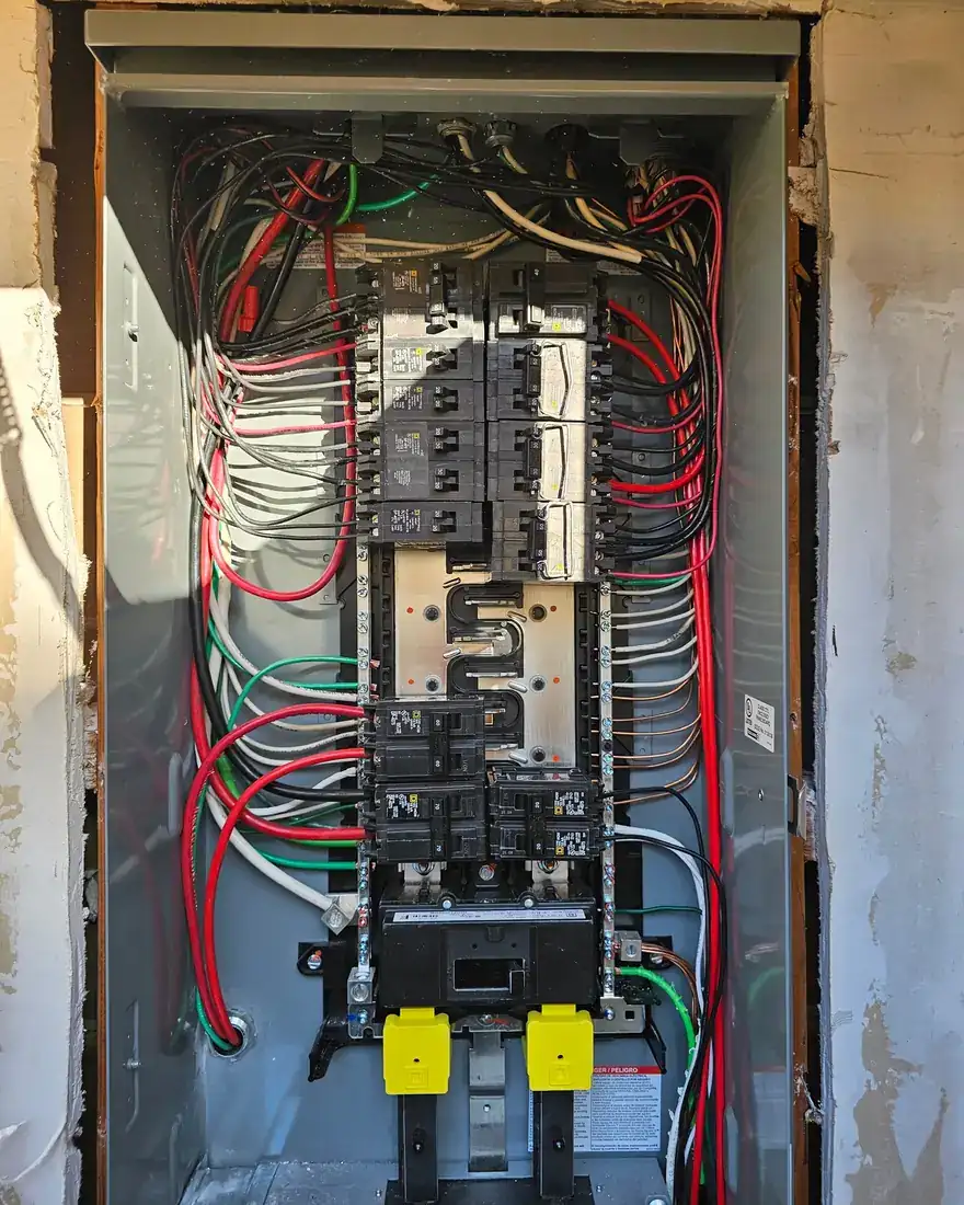 Interior of a completed residential electrical panel upgrade with neatly landed and labeled circuits.